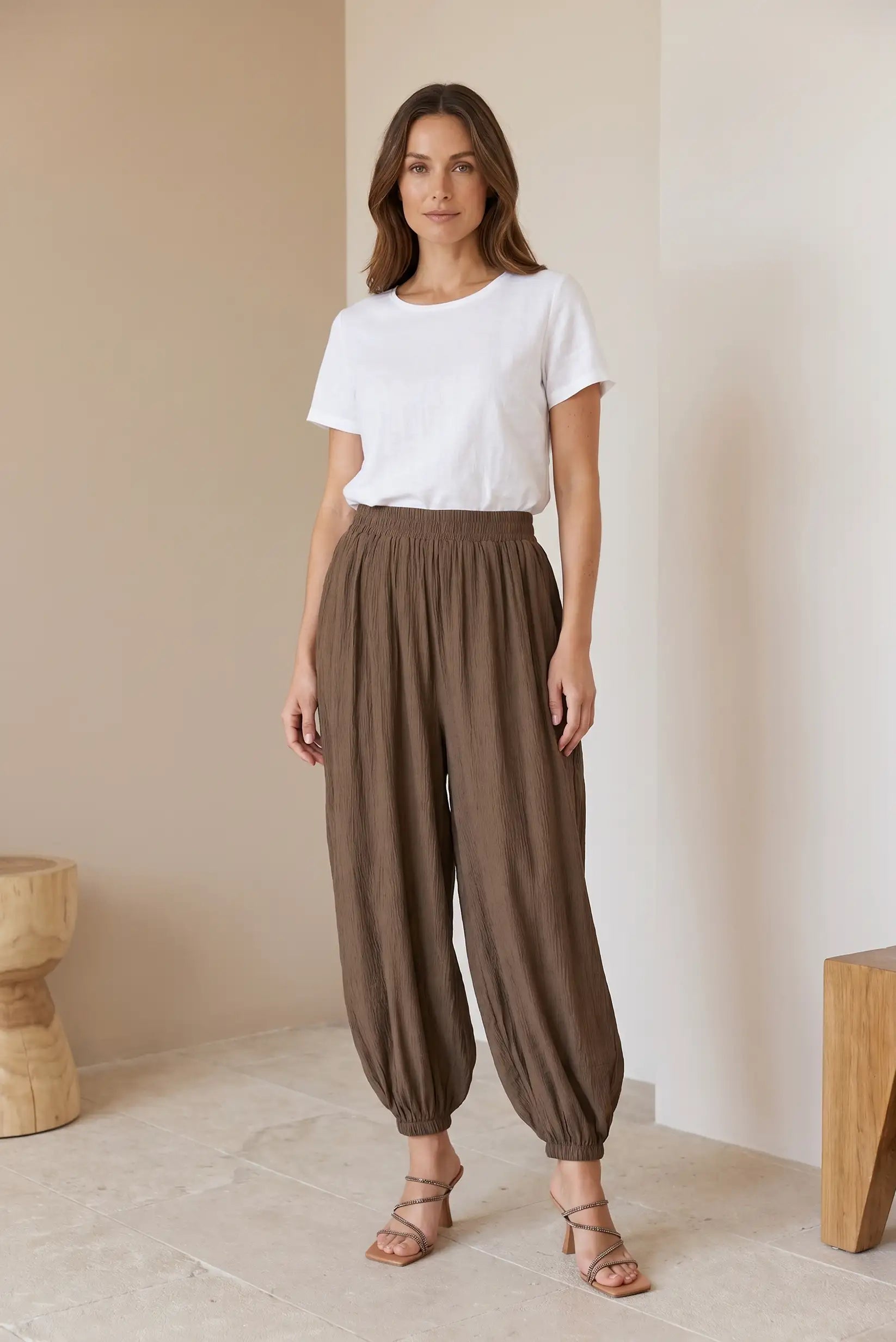 Pantalón Mujer Bombacho Largo Marrón Chocolate Fluido Verano