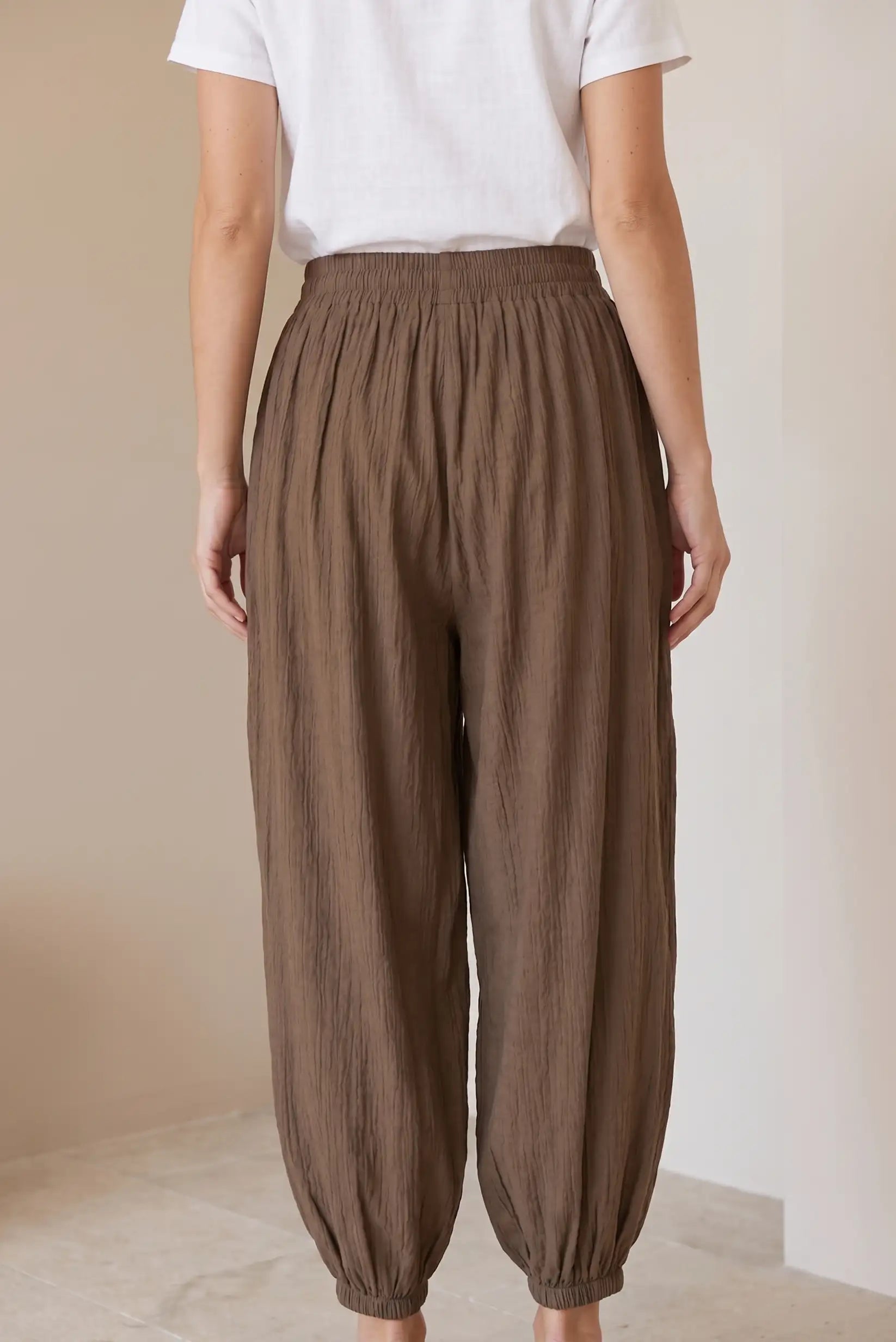 Pantalón Mujer Bombacho Largo Marrón Chocolate Fluido Verano
