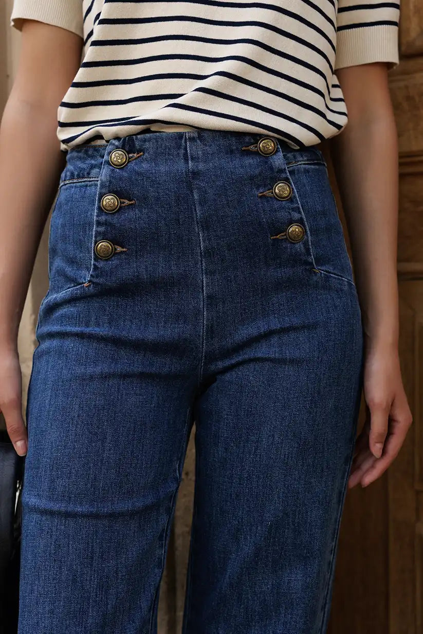 Pantalón Mujer Azul Talle Alto Campana con Botones Dorados Denim