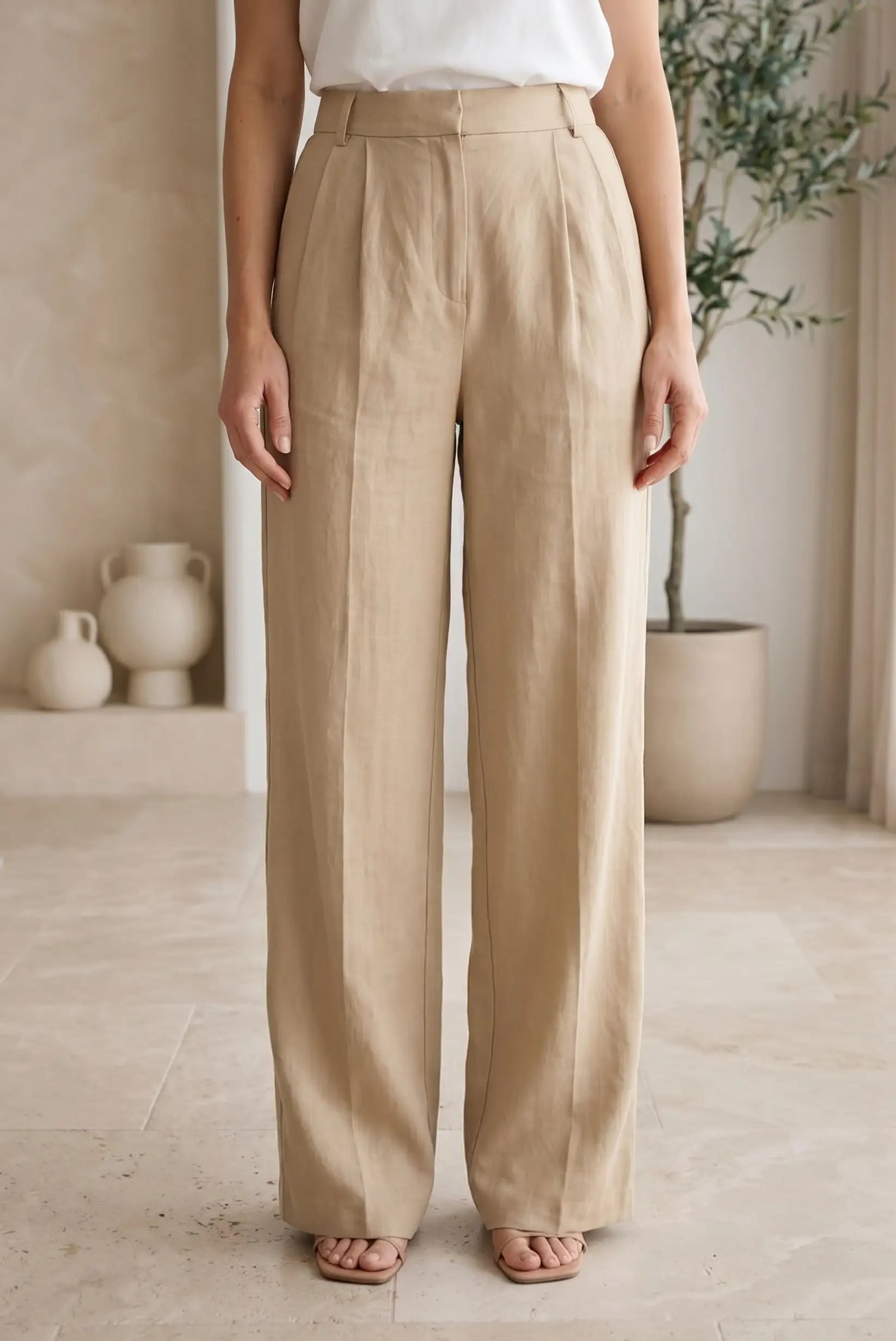 Pantalón Mujer Primavera Beige Fluido