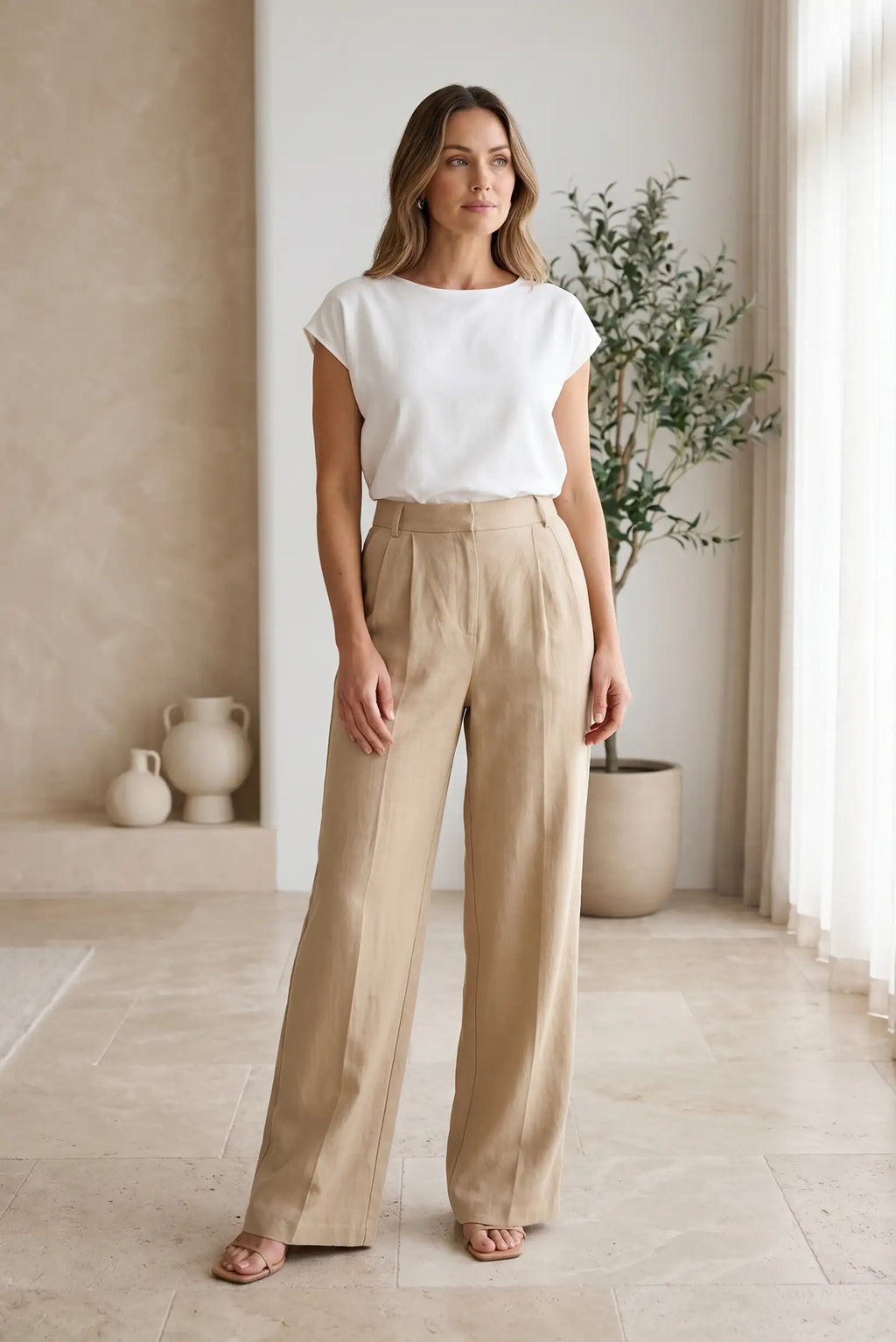 Pantalón Mujer Primavera Beige Fluido