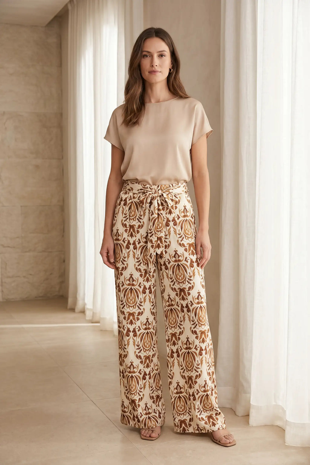 Pantalón Fluido Mujer Estampado Marrón y Beige