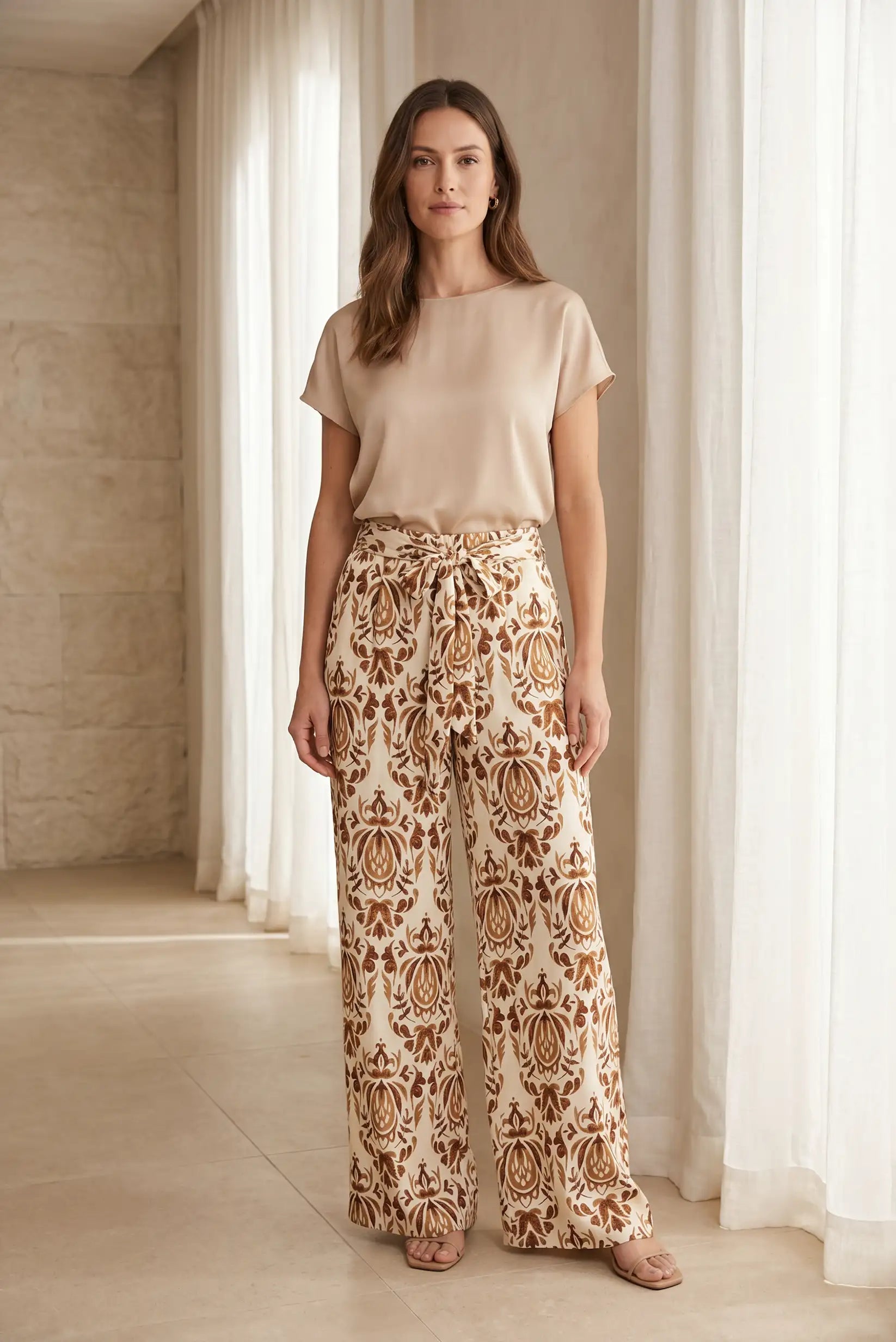 Pantalón Fluido Mujer Estampado Marrón y Beige