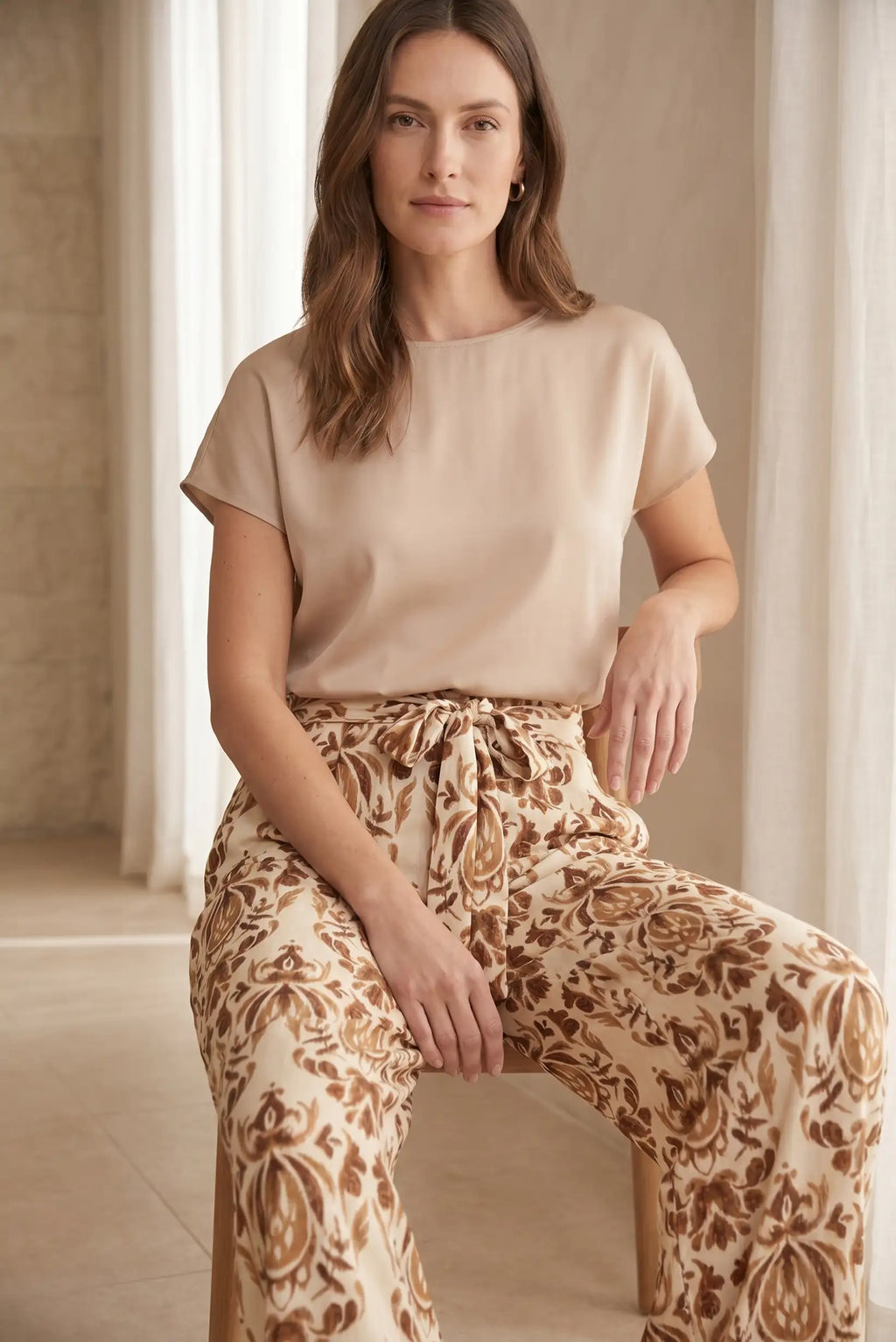 Pantalón Fluido Mujer Estampado Marrón y Beige