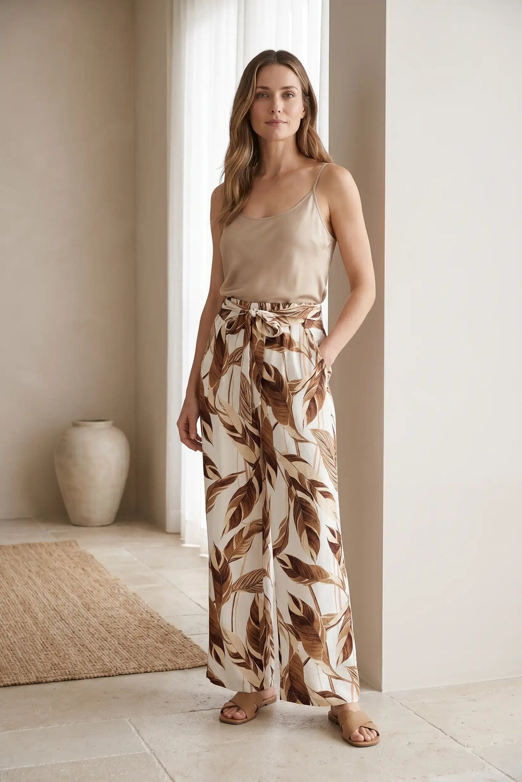 Pantalón Fluido Mujer Estampado Hojas Marrón Beige