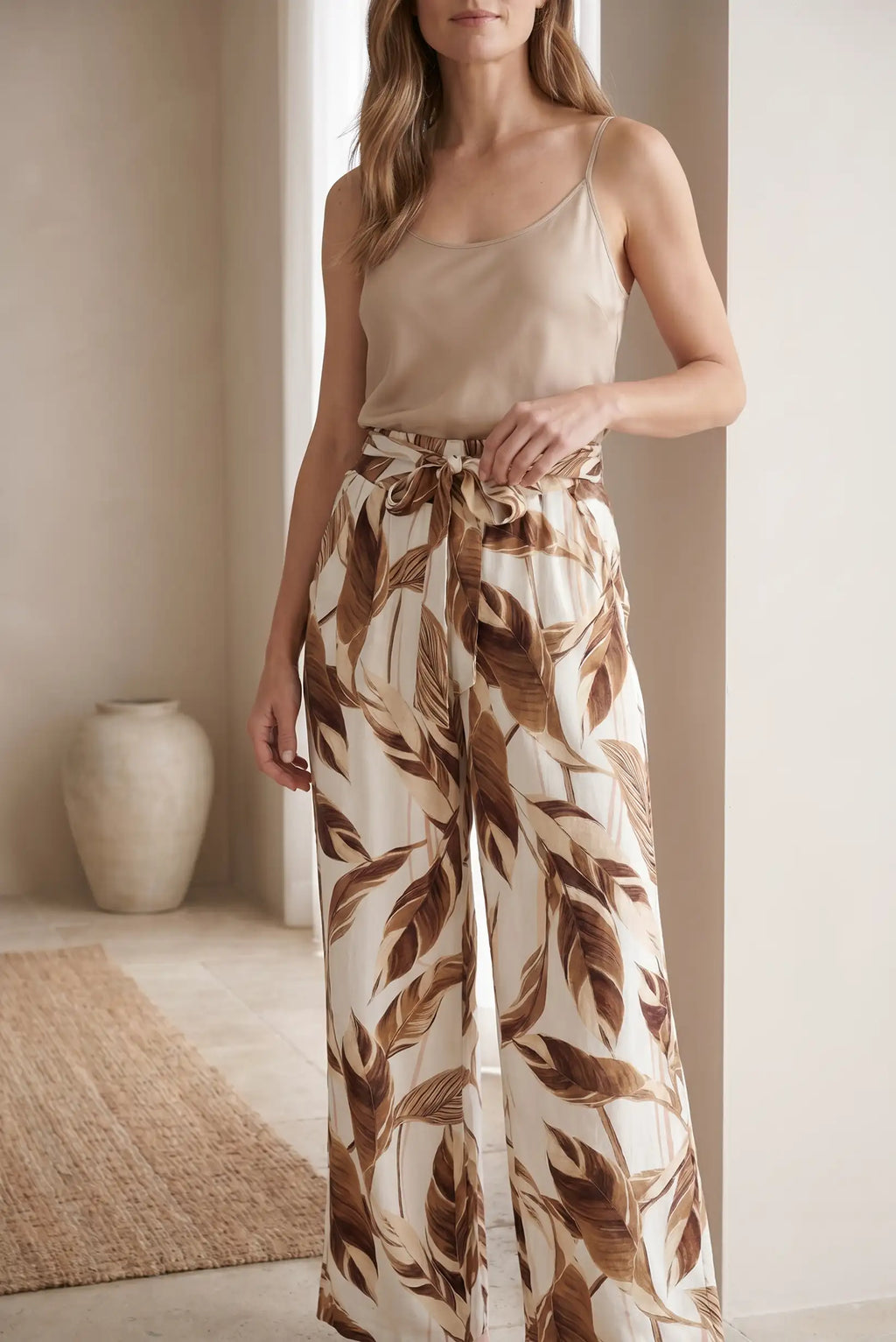 Pantalón Fluido Mujer Estampado Hojas Marrón Beige