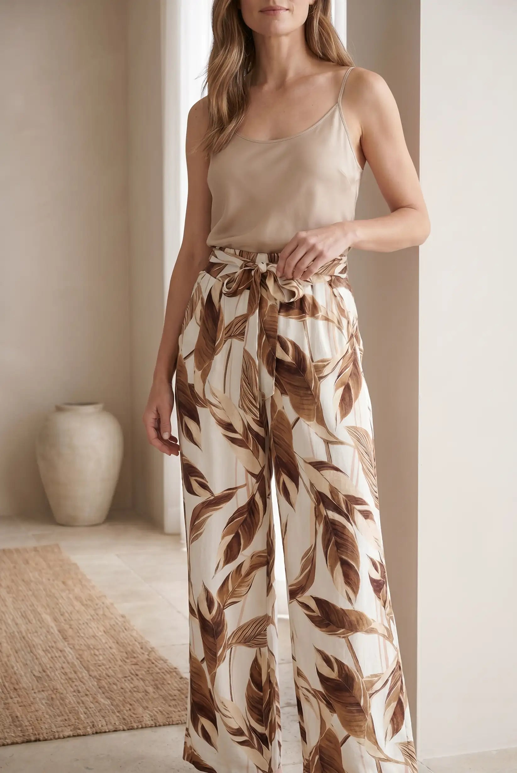 Pantalón Fluido Mujer Estampado Hojas Marrón Beige