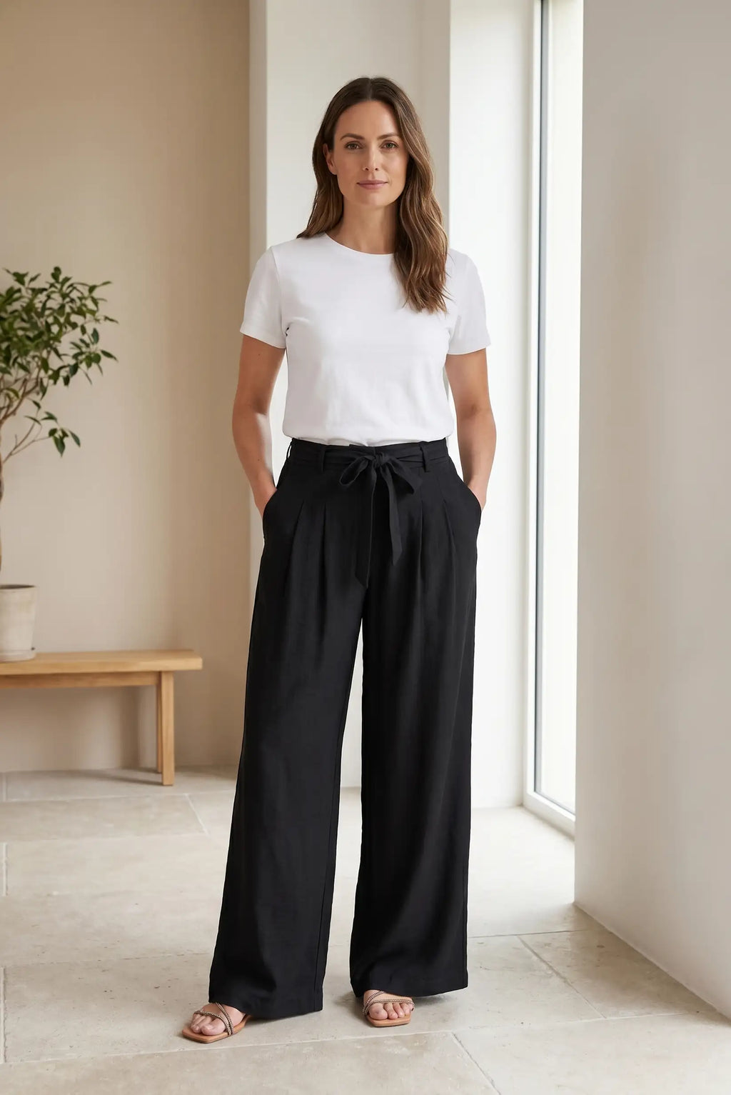 Pantalón Mujer Negro Fluido Cintura Ajustable | Viscosa