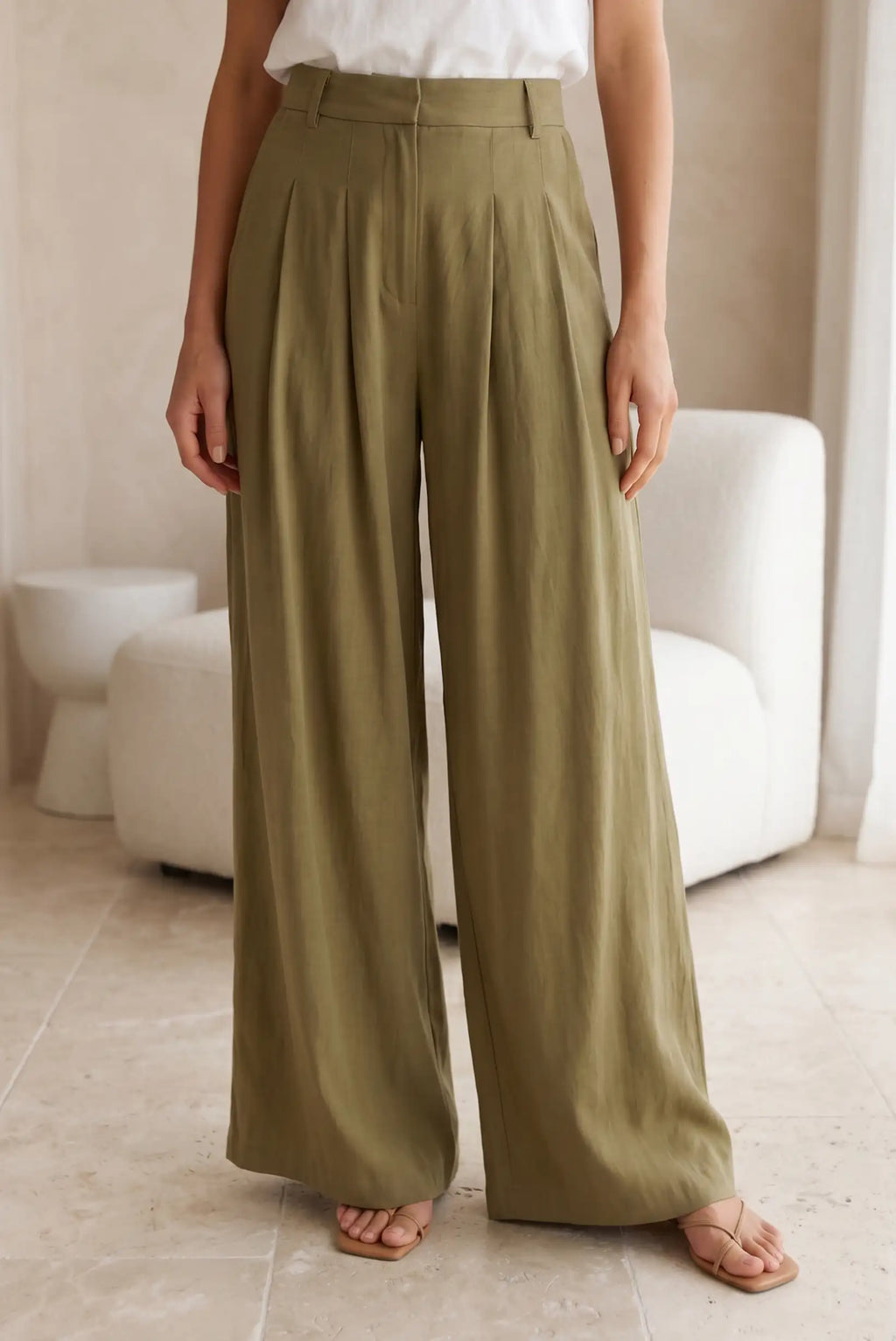 Pantalón Mujer Verde Oliva Fluido Cintura Ajustable | Viscosa