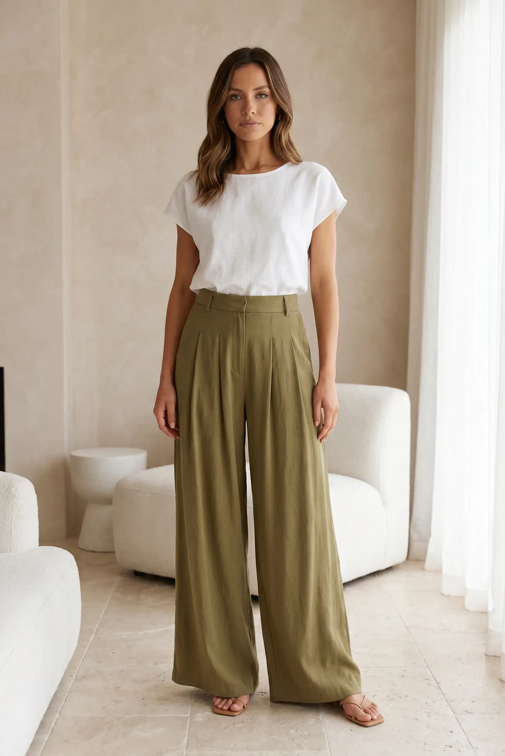 Pantalón Mujer Verde Oliva Fluido Cintura Ajustable | Viscosa