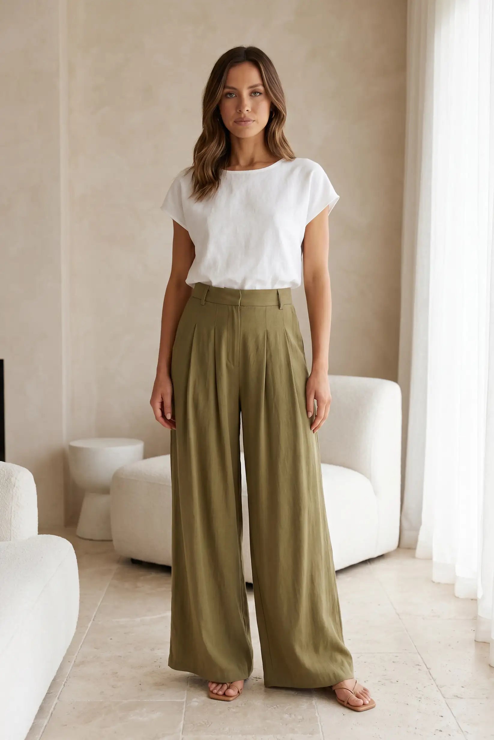 Pantalón Mujer Verde Oliva Fluido Cintura Ajustable | Viscosa