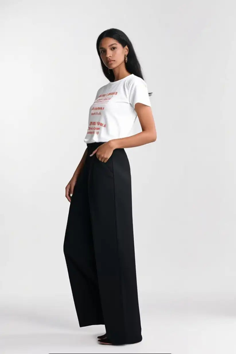 Pantalón negro de pinza pierna ancha cintura alta Elegance mujer