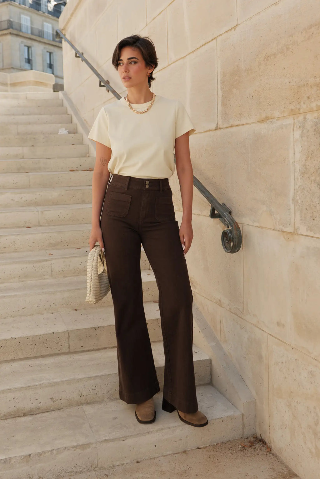 Pantalon largo mujer campana marrón chocolate