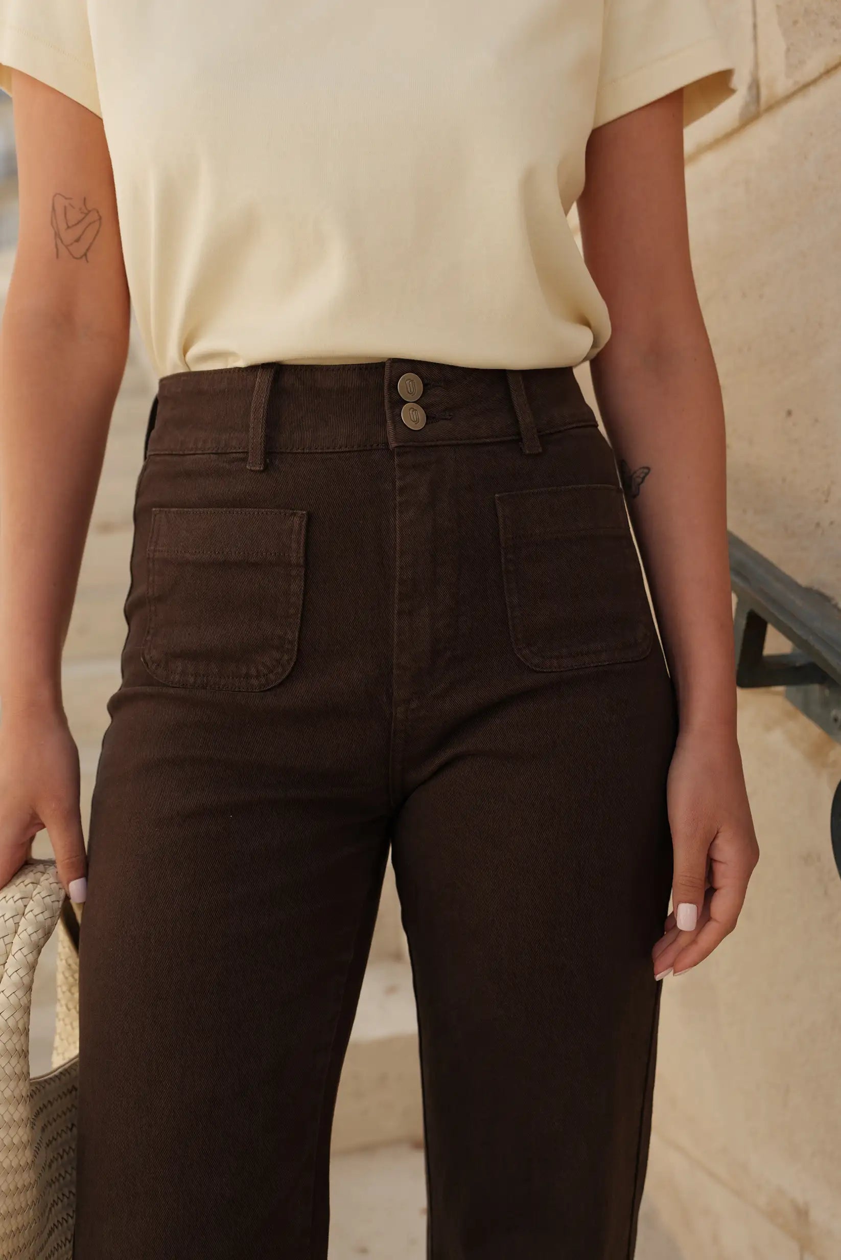 Pantalon largo mujer campana marrón chocolate