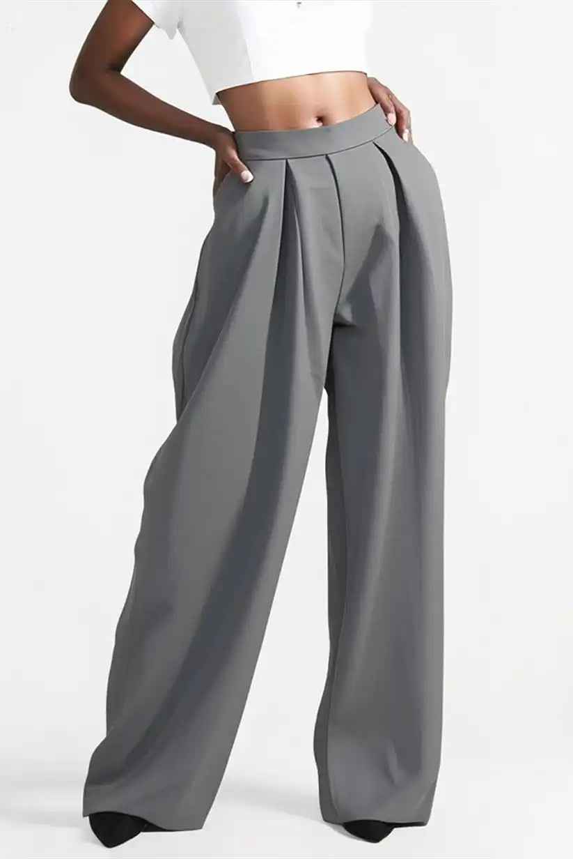Pantalón pierna ancha gris mujer elegante corte pata de elefante