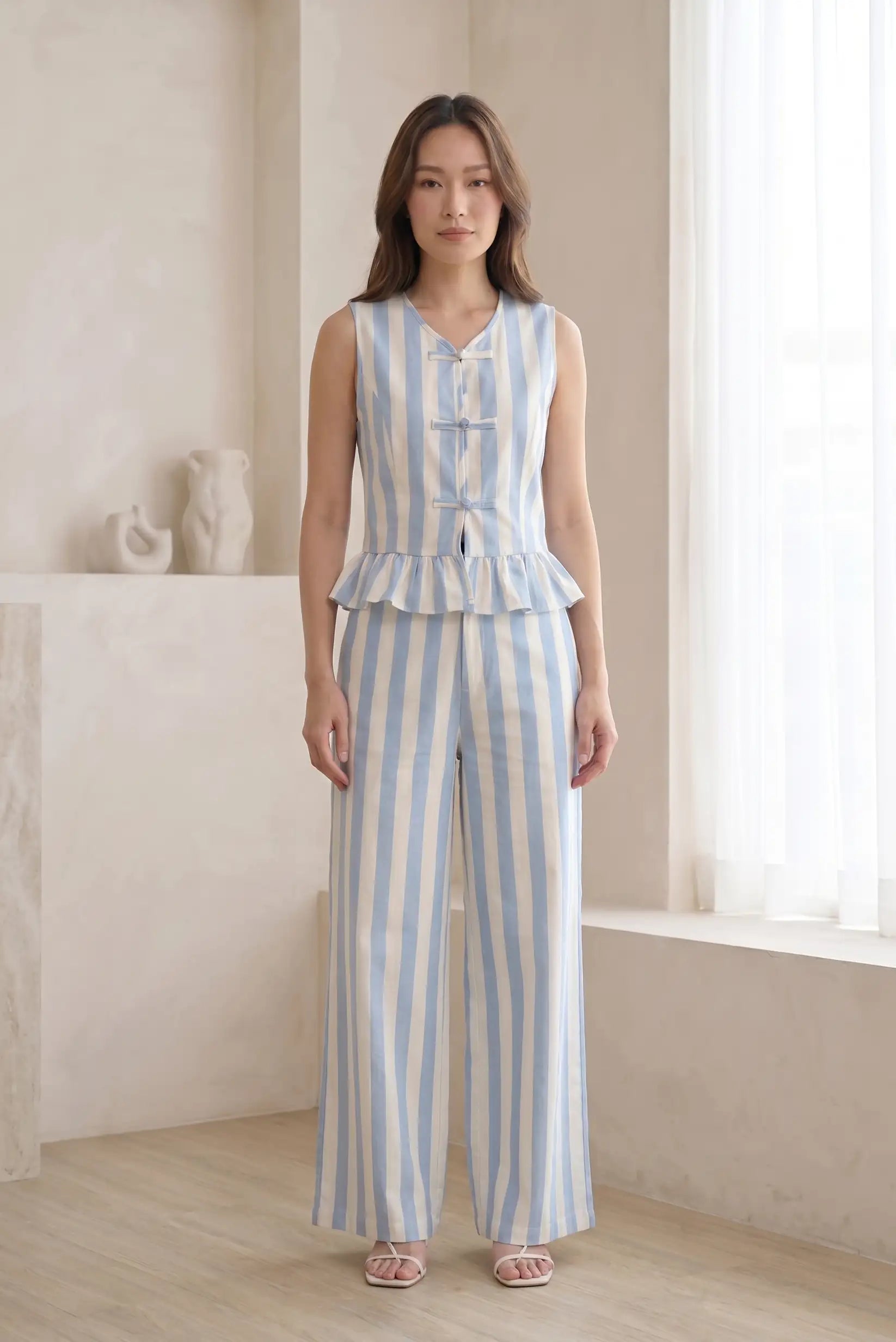 Pantalón Mujer Rayas Azul Recto Algodón