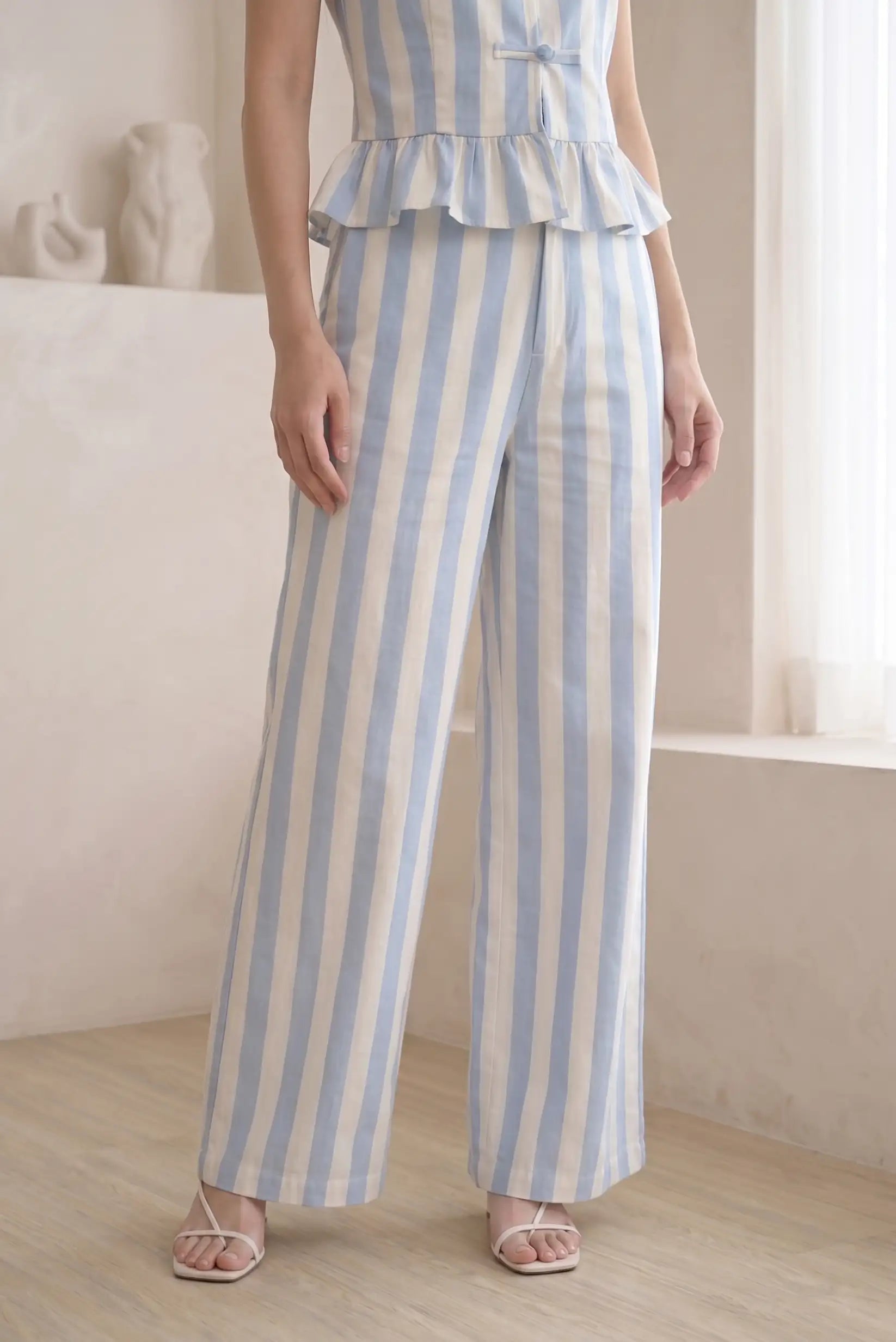 Pantalón Mujer Rayas Azul Recto Algodón