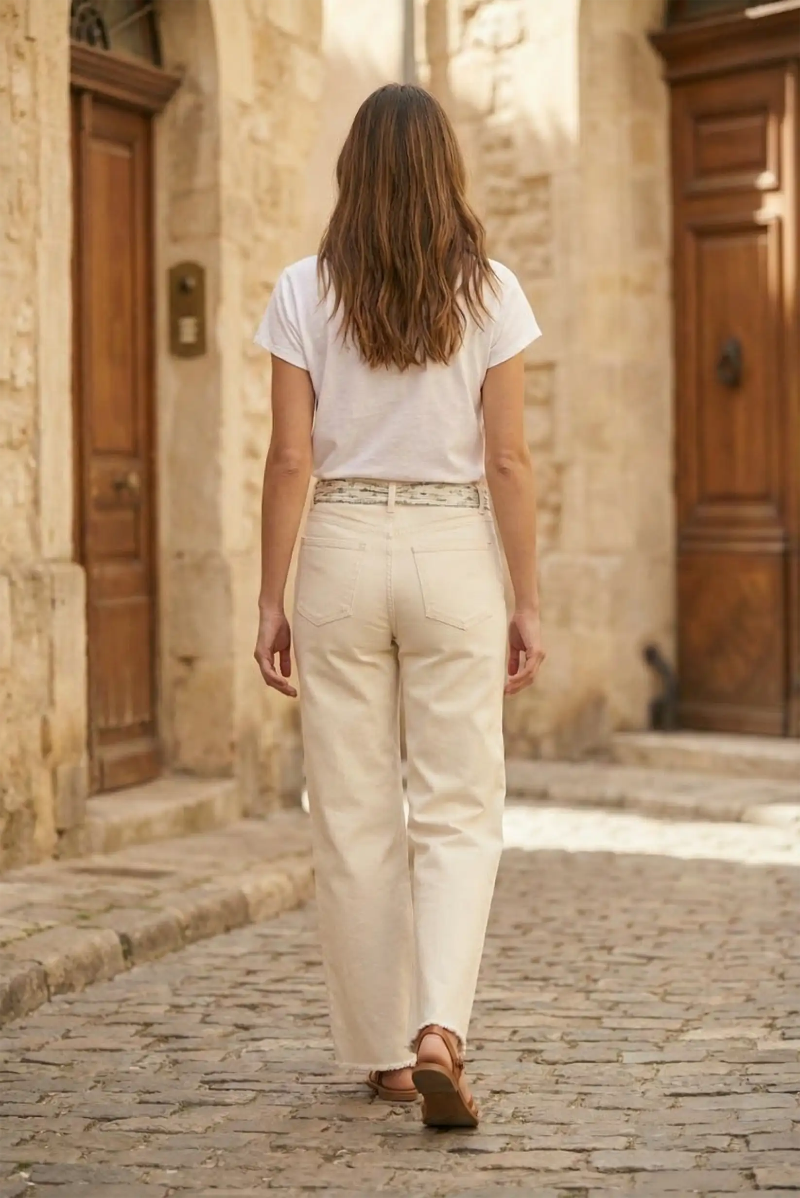 Pantalón recto mujer crudo algodón con cinturón estampado