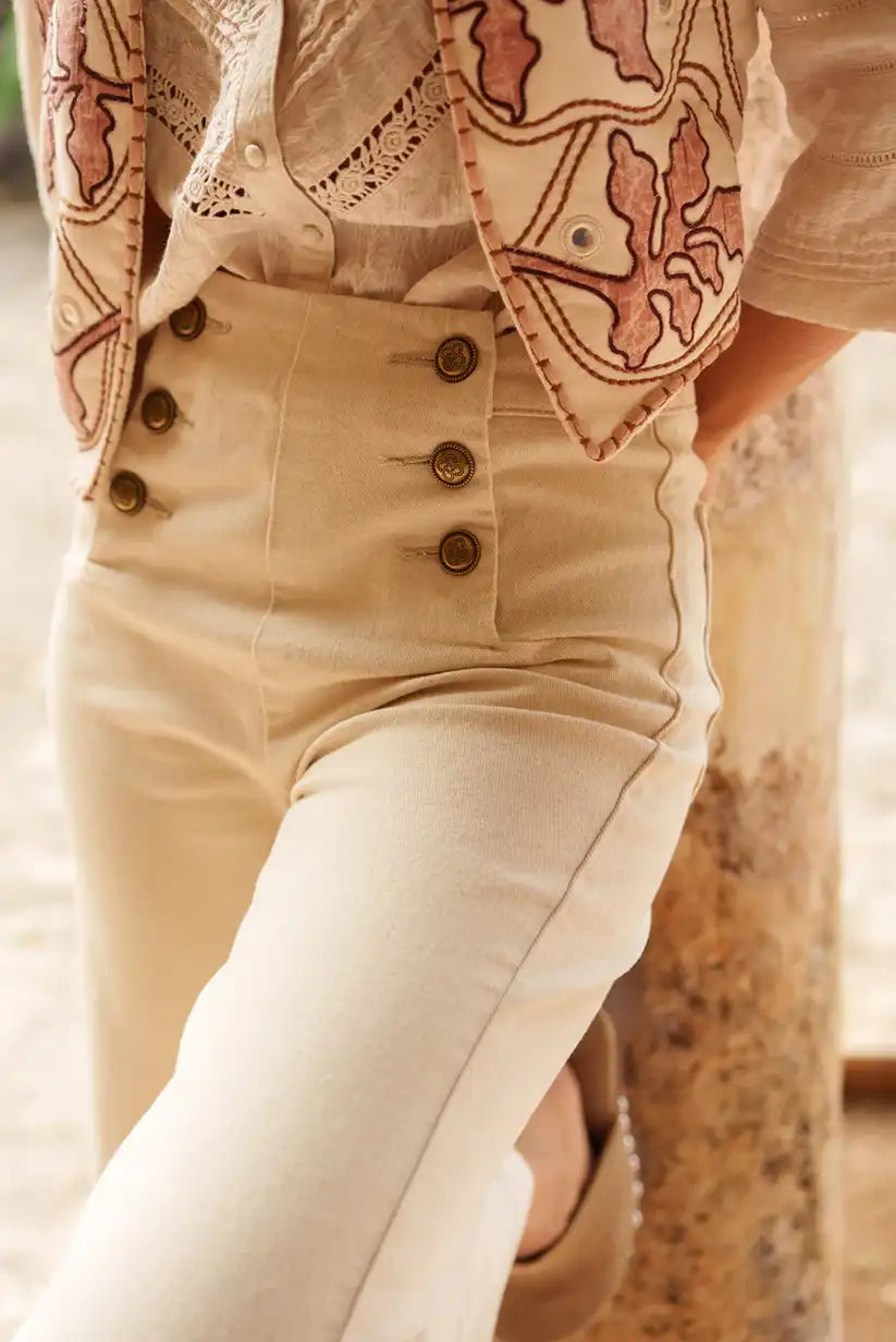 Pantalón Wide Leg Beige Mujer Tiro Alto con Botones Navy Victorine