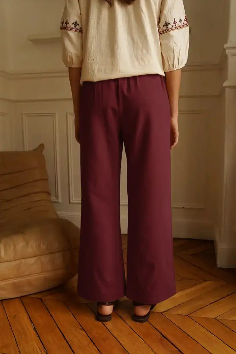 Pantalón Burdeos Mujer Estilo Marinero Cintura Alta con Botones