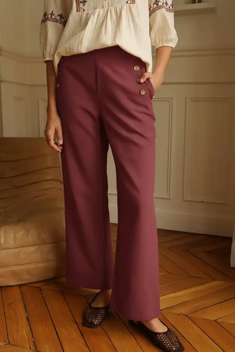 Pantalón Burdeos Mujer Estilo Marinero Cintura Alta con Botones