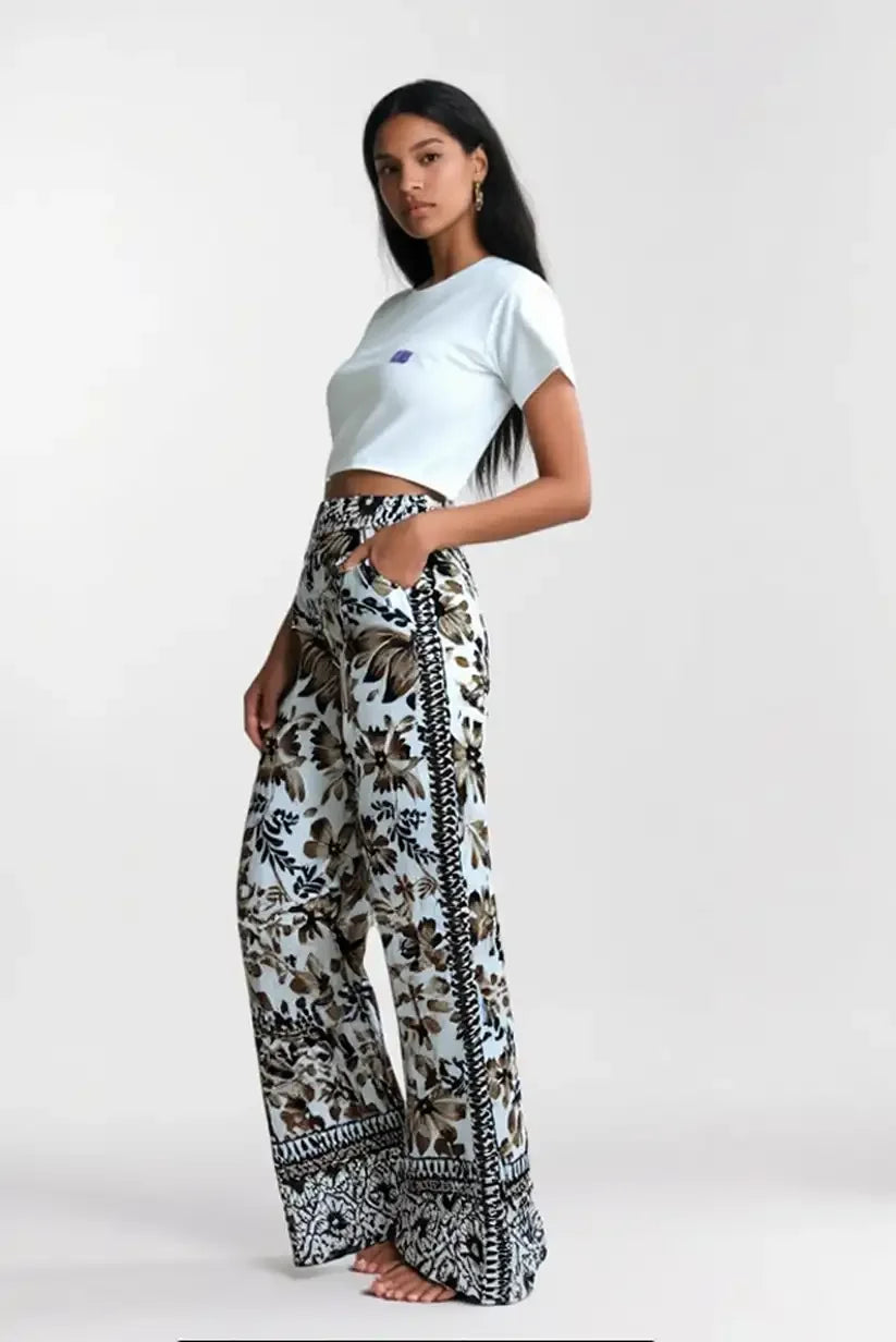 Pantalón largo fluido mujer verano beige estampados florales chocolate