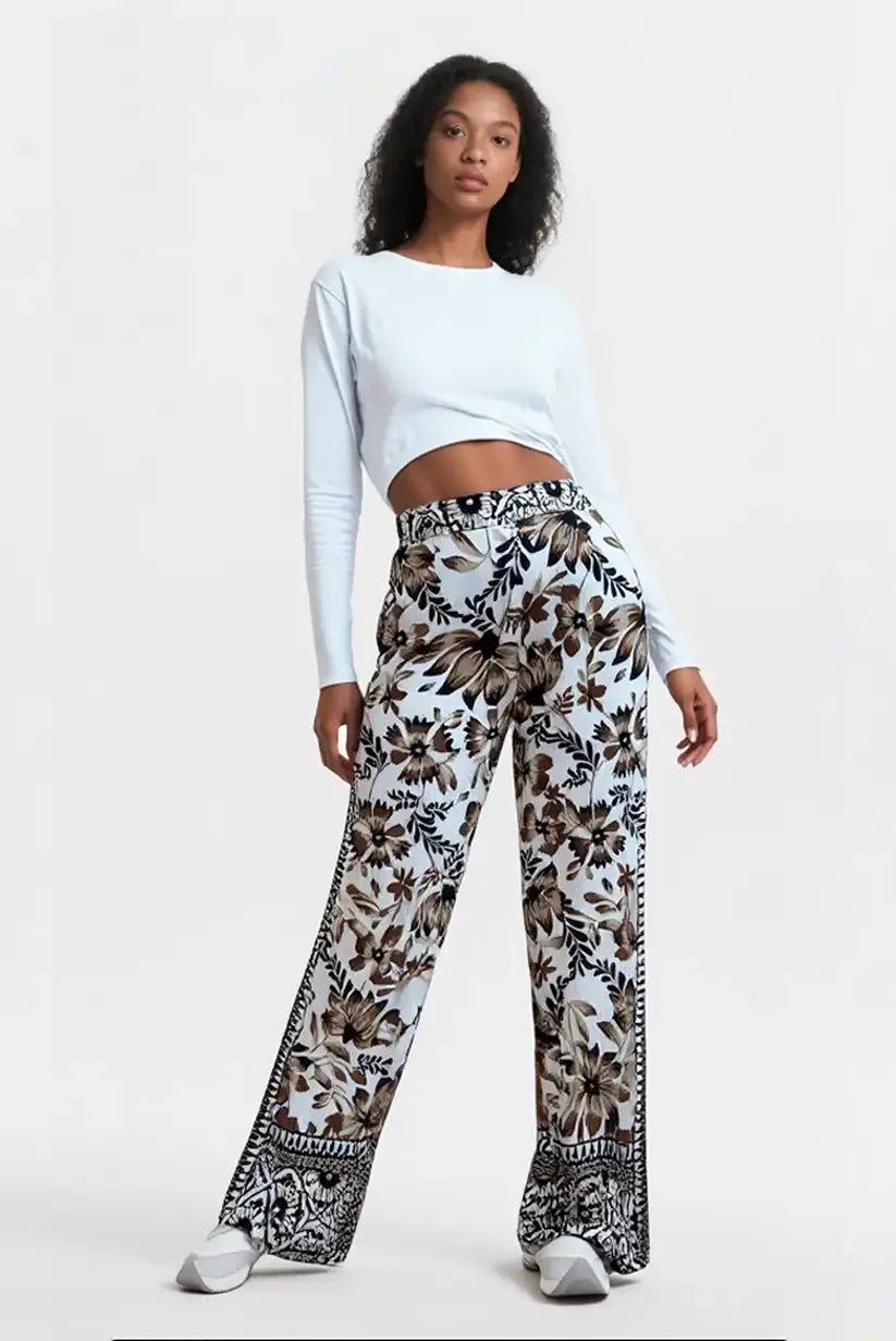 Pantalón largo fluido mujer verano beige estampados florales chocolate