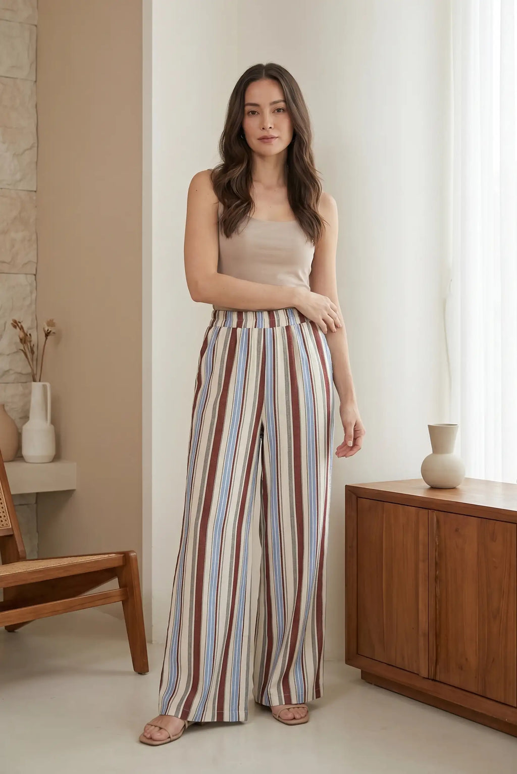 Pantalón Fluido Mujer Rayas Multicolor Azul Beige Lino