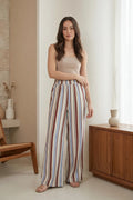 Pantalón Fluido Mujer Rayas Multicolor Azul Beige Lino
