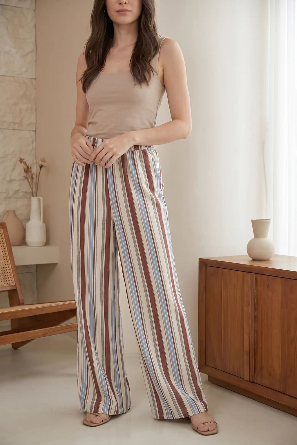 Pantalón Fluido Mujer Rayas Multicolor Azul Beige Lino