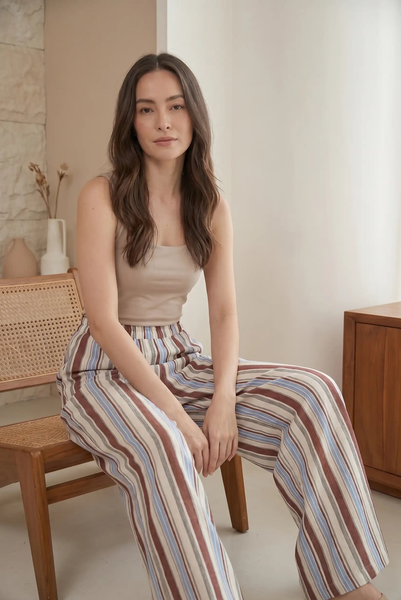 Pantalón Fluido Mujer Rayas Multicolor Azul Beige Lino