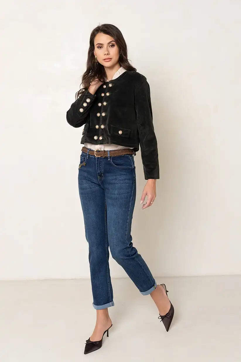 Pantalón Vaquero Recto Mujer Azul con Bordado de Mariposas