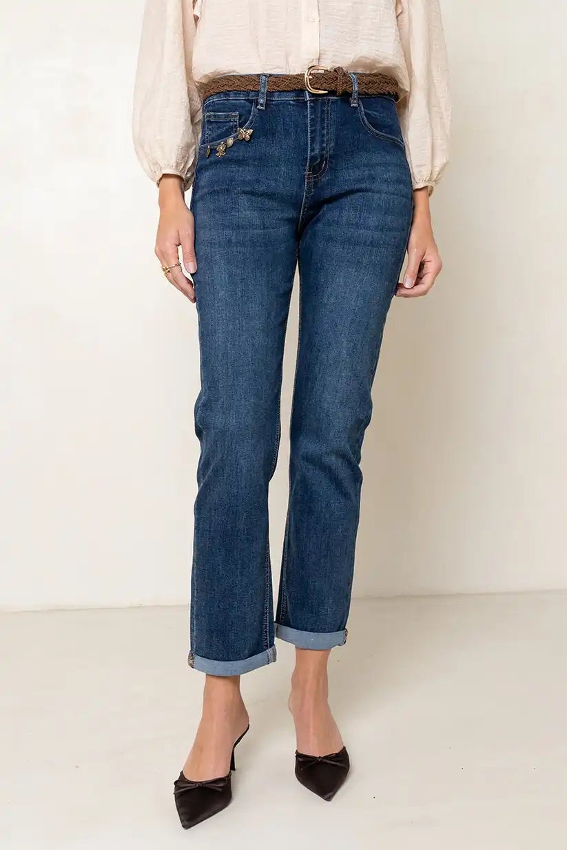 Pantalón Vaquero Recto Mujer Azul con Bordado de Mariposas