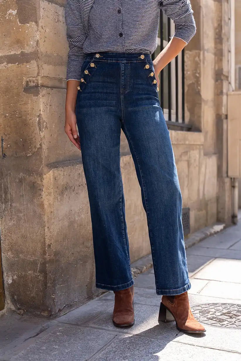 Pantalón Vaquero Ancho Mujer Azul Botones Dorados Talle Alto