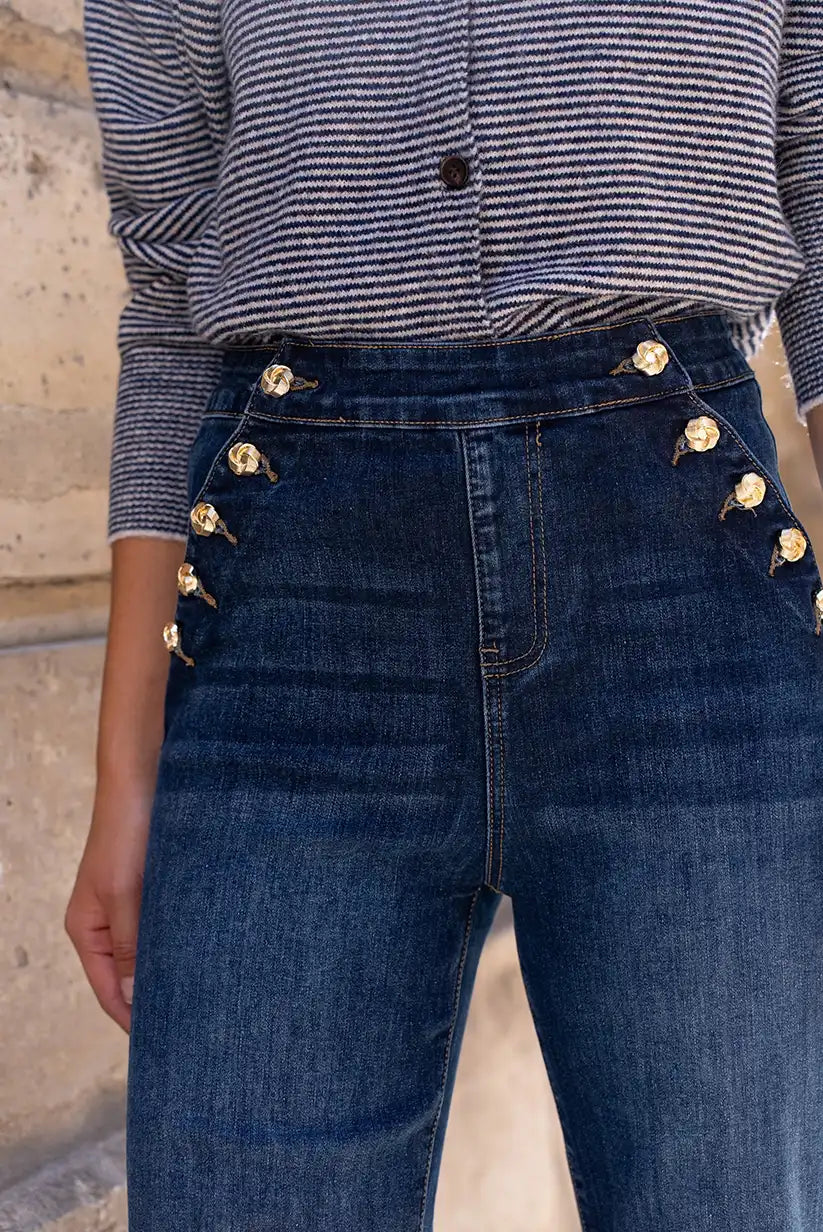 Pantalón Vaquero Ancho Mujer Azul Botones Dorados Talle Alto