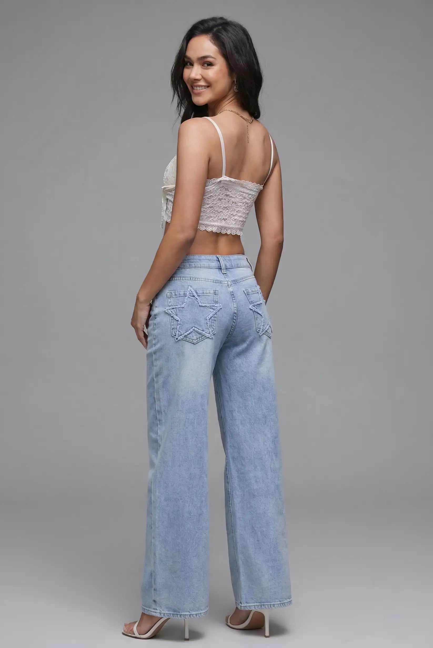 Pantalón Vaquero Mujer Azul Estrella Jeans Recto Primavera