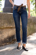 Pantalón vaquero recto mujer azul con animal print moderno