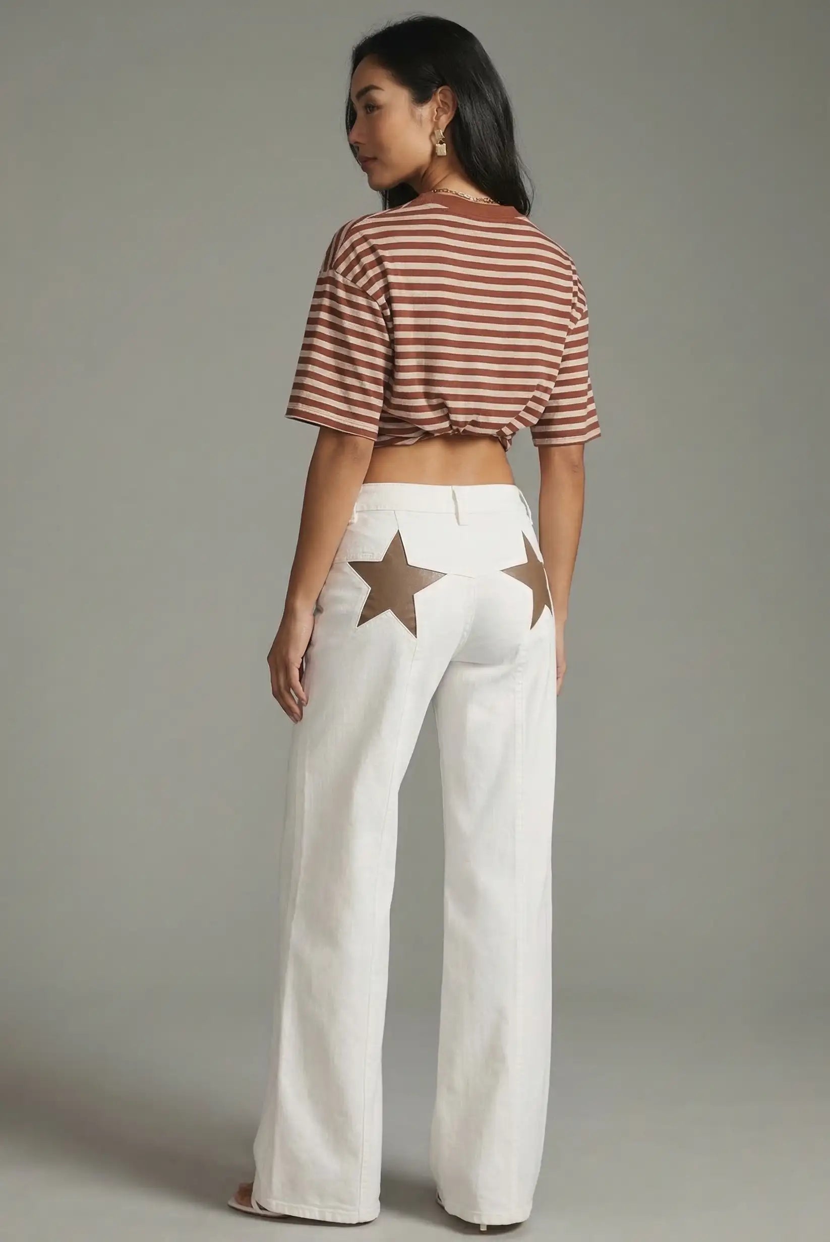 Pantalón Vaquero Mujer Blanco Estrella Marrón Jeans Recto Primavera