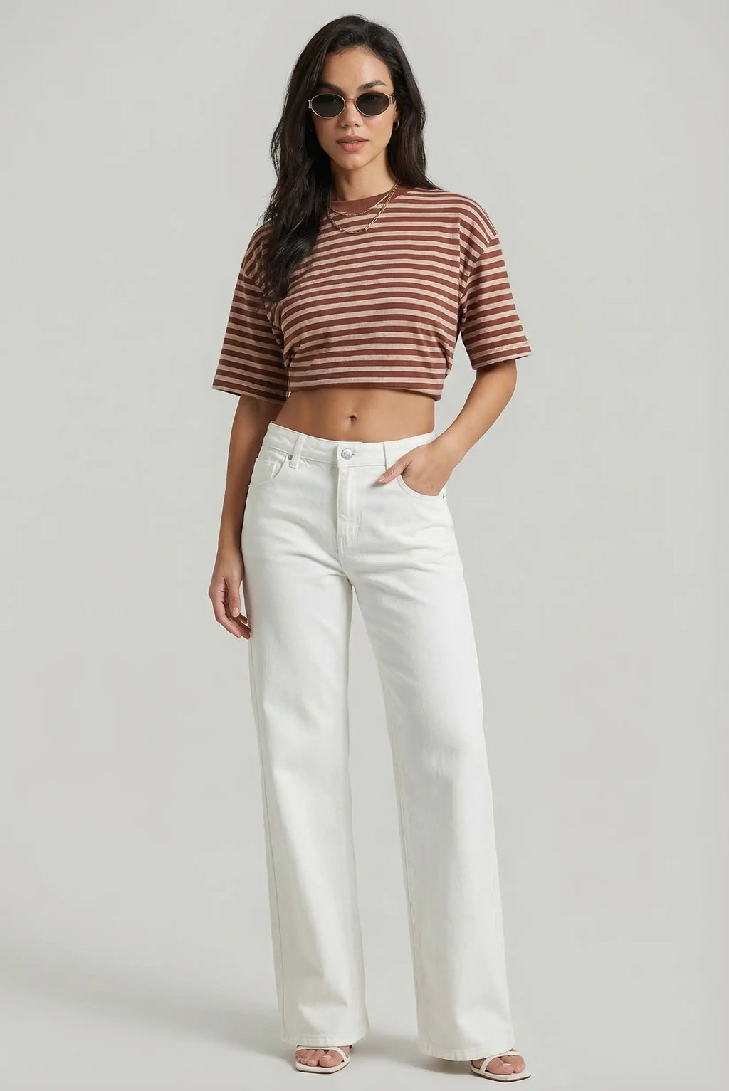 Pantalón Vaquero Mujer Blanco Estrella Marrón Jeans Recto Primavera