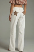 Pantalón Vaquero Mujer Blanco Estrella Marrón Jeans Recto Primavera