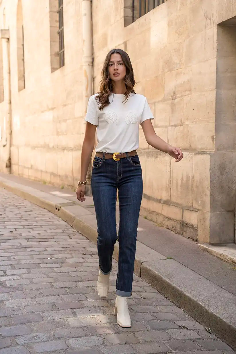 Pantalón Vaquero Recto Mujer Azul Oscuro Corte Clásico Cómodo