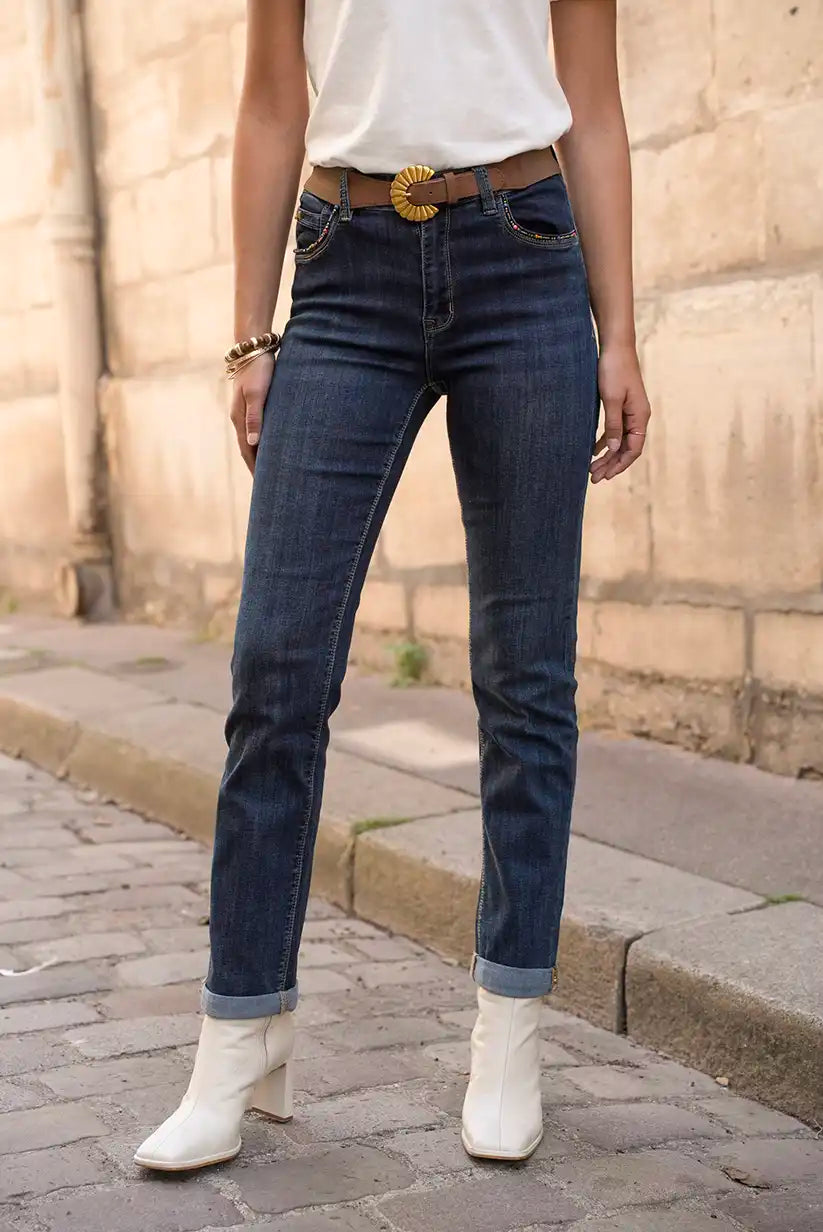 Pantalón Vaquero Recto Mujer Azul Oscuro Corte Clásico Cómodo