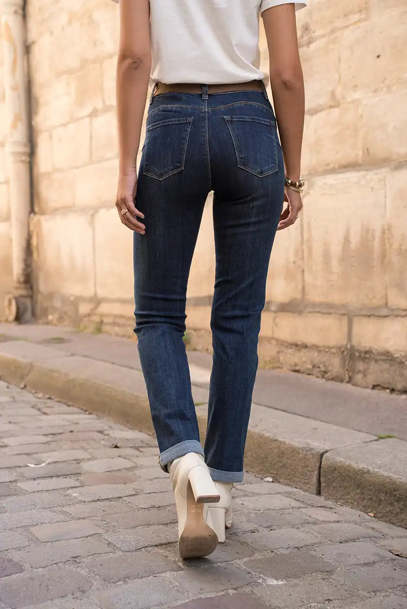 Pantalón Vaquero Recto Mujer Azul Oscuro Corte Clásico Cómodo
