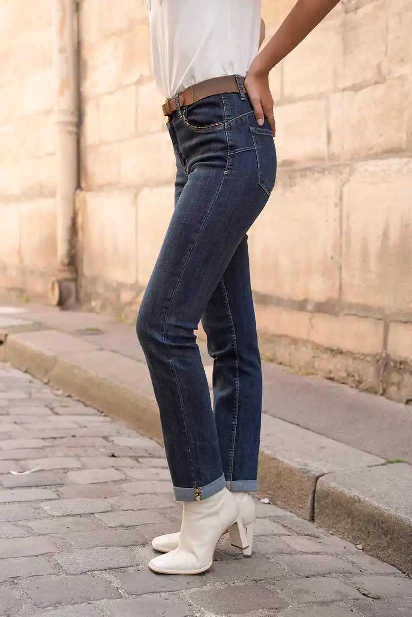 Pantalón Vaquero Recto Mujer Azul Oscuro Corte Clásico Cómodo