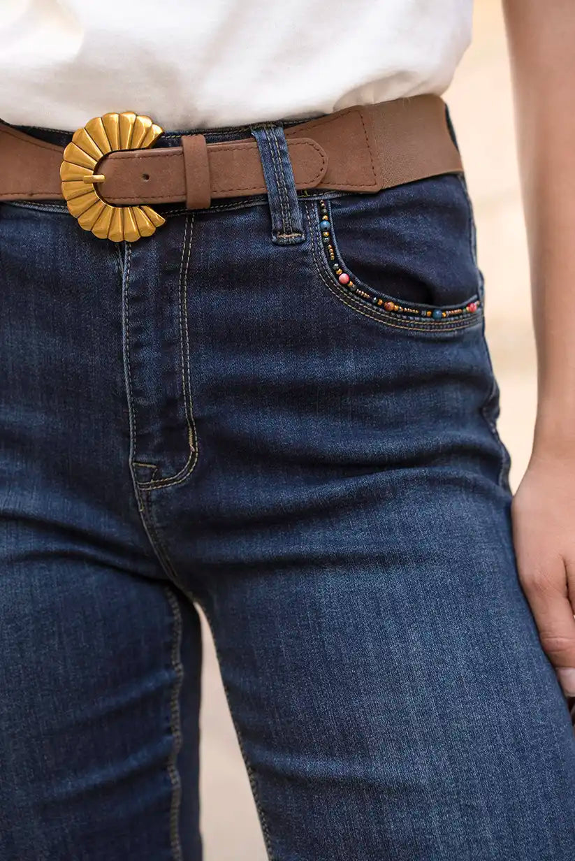Pantalón Vaquero Recto Mujer Azul Oscuro Corte Clásico Cómodo