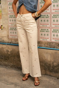 Pantalón largo recto mujer bordado mini print blanco roto