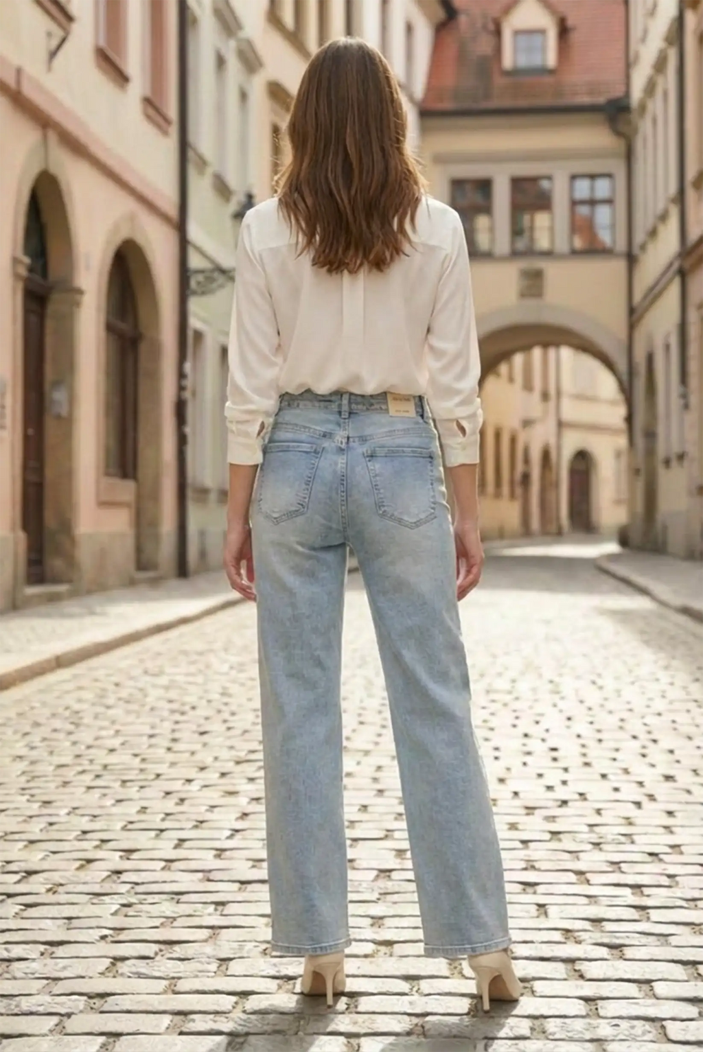 Pantalón vaquero recto azul claro con bordado floral mujer