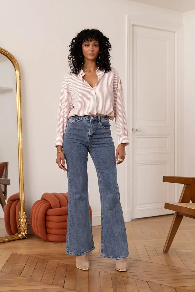 Pantalón Vaquero Campana Azul claro mujer Cintura Alta 5 Bolsillos