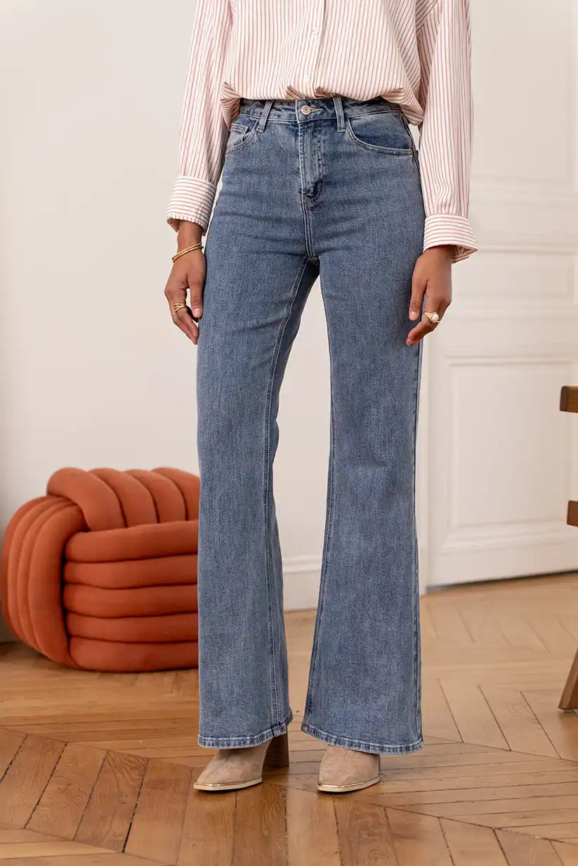 Pantalón Vaquero Campana Azul claro mujer Cintura Alta 5 Bolsillos