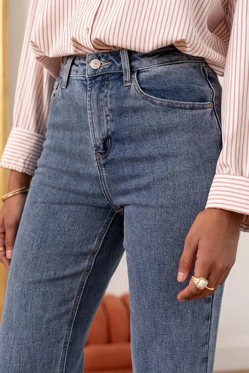 Pantalón Vaquero Campana Azul claro mujer Cintura Alta 5 Bolsillos